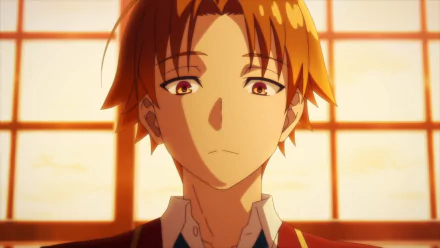 HD anime wallpaper featuring Kiyotaka Ayanokōji from Classroom of the Elite, with warm lighting highlighting his thoughtful expression in a classroom setting.