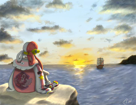 4K Ultra HD anime wallpaper featuring Uta from One Piece, sitting on a cliff overlooking the ocean at sunset with a ship sailing in the distance.