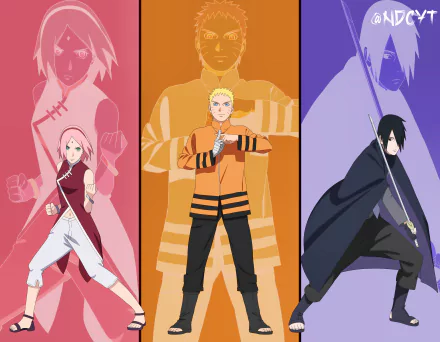 An 8K Ultra HD desktop wallpaper featuring Naruto Uzumaki, Sasuke Uchiha, and Sarada Uchiha from the anime Boruto and Naruto series.