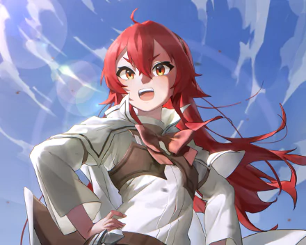 HD PC desktop wallpaper featuring Eris Boreas Greyrat from the anime Mushoku Tensei: Jobless Reincarnation, with her red hair flowing against a bright sky background.