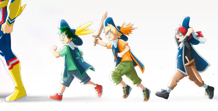 Colorful 2K Quad HD PC desktop wallpaper of My Hero Academia chibi-style Izuku Midoriya, Katsuki Bakugou and Shoto Todoroki marching right in playful costumes on a white background.