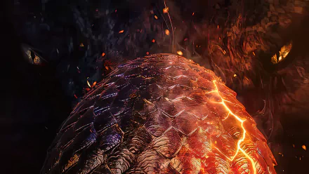 Close-up of molten dragon scales and ember-lit eyes against smoky darkness — House of the Dragon 4K Ultra HD PC desktop wallpaper/background.