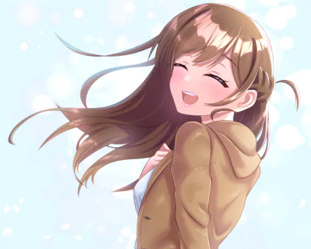 HD anime desktop wallpaper featuring Chizuru Ichinose from Rent-A-Girlfriend, smiling with flowing hair against a bright, soft blue sky background.