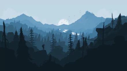 Firewatch video game 2K Quad HD PC desktop wallpaper and background: layered blue mountains and pine silhouettes, a watchtower on a ridge and a lone figure beneath a pale sun.