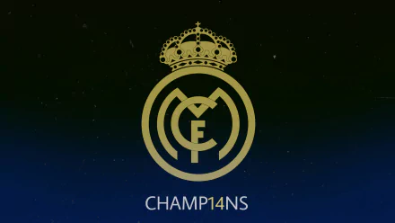 HD desktop wallpaper featuring the gold Real Madrid C.F. logo with a crown above and CHAMP14NS text beneath on a dark gradient background, representing Madrid football pride.
