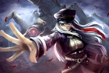 HD anime wallpaper featuring Vladilena Milizé from Eighty Six with dynamic pose, flowing hair, and a mech in the misty background.