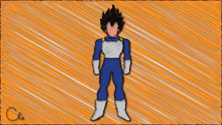 8K Ultra HD Dragon Ball Z wallpaper featuring Vegeta in his iconic blue and white battle suit against an orange background with diagonal stripes.