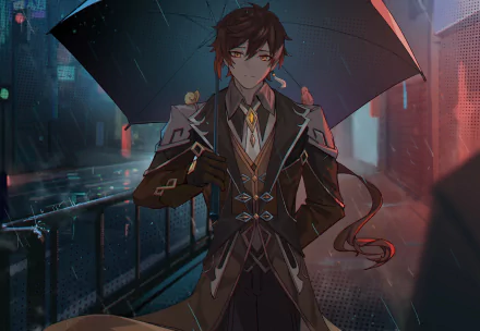 Zhongli from Genshin Impact stands under a black umbrella in a rainy cityscape, featured in a 4K Ultra HD PC desktop wallpaper from the video game Genshin Impact.