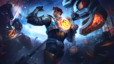 8K Ultra HD PC desktop wallpaper and background of Jayce (League of Legends) — armored inventor wielding his hammer-gun amid a glowing blue battlefield; dynamic video game art.