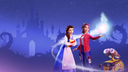 2K Quad HD PC wallpaper from video game Disney Dreamlight Valley: Belle in a blue dress holding an apple stands beside a player avatar casting a glowing spell, with a silhouetted castle backdrop.