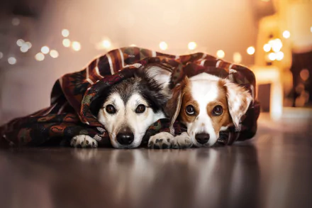 Two dogs snuggle under a cozy blanket, resting peacefully together on a warm floor. Soft bokeh lights create a serene atmosphere. A charming 4K Ultra HD wallpaper for any desktop.