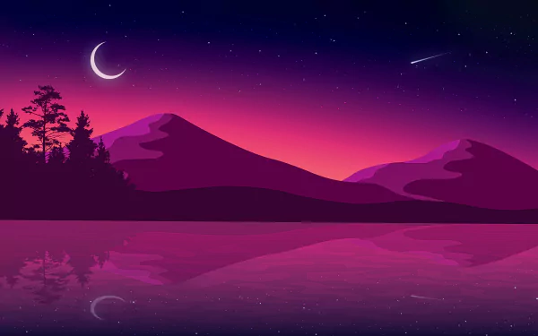 Artistic 8K Ultra HD desktop wallpaper showing a serene night scene with a crescent moon over mountains and a reflective lake under a starry sky.
