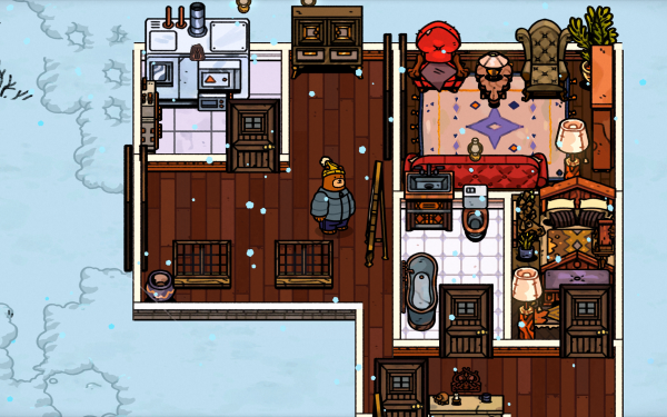 HD wallpaper of the Bear and Breakfast game showcasing an animated bear character in a cozy, well-decorated cabin interior with detailed furniture and snowy exterior view.