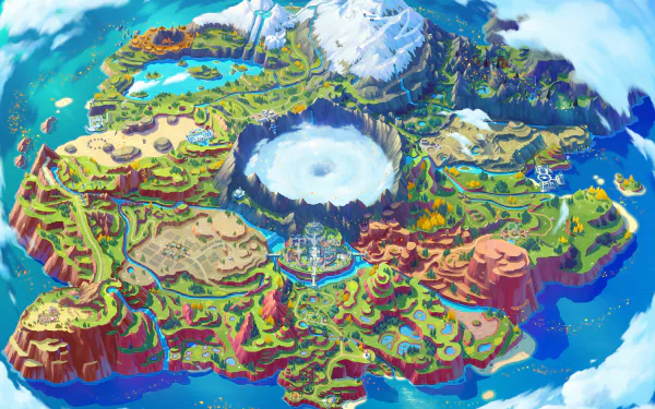 8K Ultra HD PC wallpaper from the video game Pokémon: Scarlet and Violet — overhead map of a colorful island with snowy peaks, crater lake, forests, deserts, rivers and cliffs.