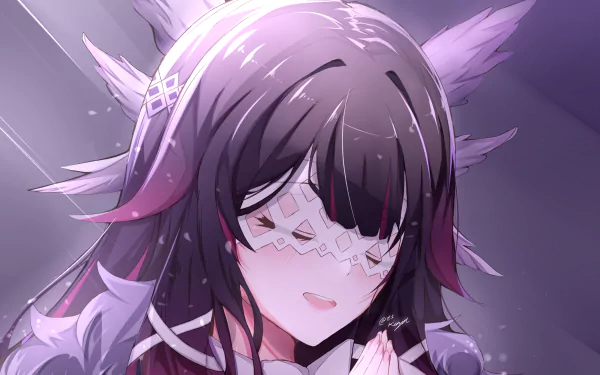 HD PC desktop wallpaper of Columbina (Genshin Impact), video game Genshin Impact — serene close-up of her masked face and clasped hands bathed in soft purple light.