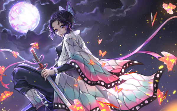 HD PC wallpaper featuring Shinobu Kochou from the anime Demon Slayer: Kimetsu no Yaiba, surrounded by glowing butterflies under a full moon night sky.