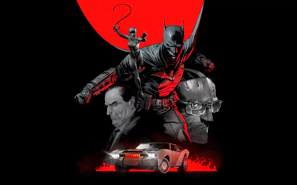 4K Ultra HD PC desktop wallpaper featuring The Batman movie characters in a dramatic red and black composition with a cityscape and Batmobile.