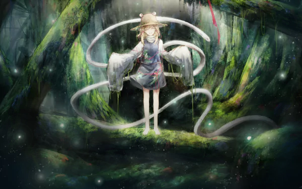4K Ultra HD PC desktop wallpaper of Suwako Moriya (Touhou): anime girl in frog hat and flowing sleeves, suspended among glowing forest moss, ribbons and mist.