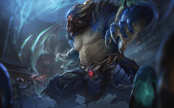 Udyr (League of Legends) lunges in feral form through icy ruins, blue energy blazing — 5K Ultra HD PC desktop wallpaper/background from the video game.