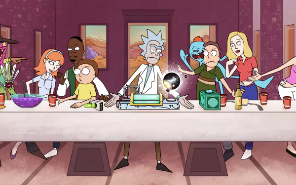 Rick and Morty characters gathered around a table in a detailed 4K Ultra HD desktop wallpaper from the TV show.