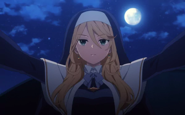 Sharon Holygrail from Engage Kiss — anime HD PC desktop wallpaper: stern nun-like figure with outstretched arms under a full moon and cloudy night sky.