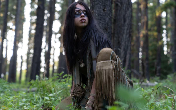 Young woman with face paint and fringed buckskin crouches in a pine forest; still from the movie Prey (2022) — 2K Quad HD PC desktop wallpaper.