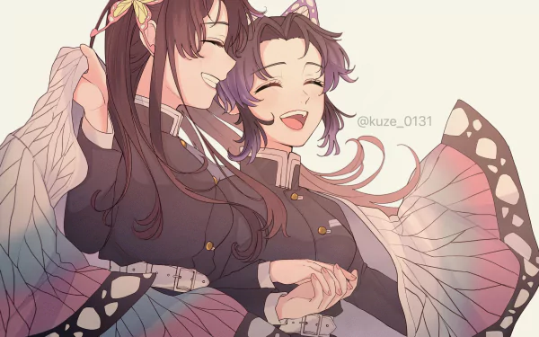 HD PC wallpaper featuring anime characters Kanae Kocho and Shinobu Kochou from Demon Slayer: Kimetsu no Yaiba, smiling and holding hands with butterfly-themed attire.