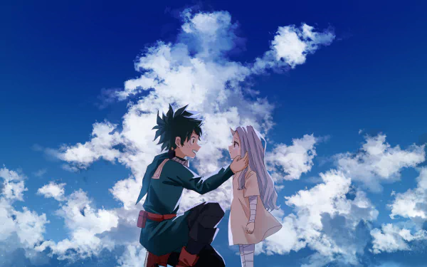 Eri (My Hero Academia) and Izuku Midoriya in an anime scene: Izuku kneels, gently touching Eri's face beneath a vivid blue sky with clouds — 4K Ultra HD PC desktop wallpaper/background.