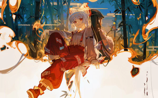 HD anime desktop wallpaper featuring Touhou characters Kaguya Houraisan and Fujiwara no Mokou surrounded by glowing flames in a mystical forest setting.