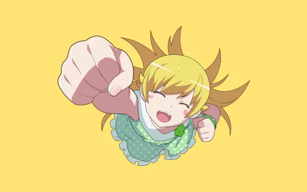 5K Ultra HD PC desktop wallpaper of Shinobu Oshino from the Monogatari series, smiling and reaching forward with a fist against a solid yellow background.