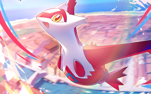 HD PC desktop wallpaper featuring Latias (Pokémon) from the video game series, soaring over a sunlit coastal town with dynamic light trails.