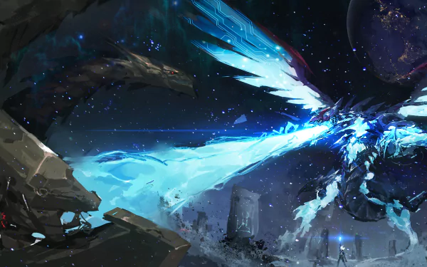 HD PC desktop wallpaper featuring Galaxy-Eyes Photon Dragon from the Yu-Gi-Oh! anime, depicted soaring through a cosmic, star-filled night sky.