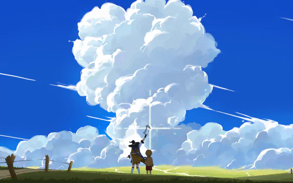 HD desktop wallpaper featuring vast, vivid skies and two characters from the anime Mushoku Tensei: Jobless Reincarnation standing in a green field, highlighting a dramatic cloud formation in the background.
