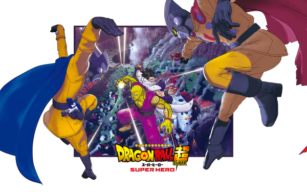 4K Ultra HD PC desktop wallpaper featuring dynamic characters from the anime Dragon Ball Super: Super Hero in vibrant action poses against a cosmic background.