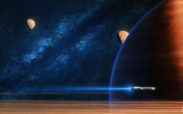 HD sci-fi desktop wallpaper featuring a spaceship traveling through space with planets and a vibrant galactic background.