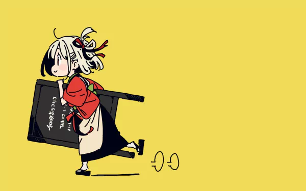 Chisato Nishikigi from the anime Lycoris Recoil is depicted in a vibrant HD desktop wallpaper with a bright yellow background.