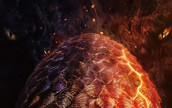 Close-up of molten dragon scales and ember-lit eyes against smoky darkness — House of the Dragon 4K Ultra HD PC desktop wallpaper/background.