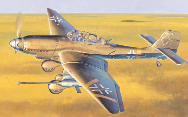 2K Quad HD desktop wallpaper of a Luftwaffe Junkers Ju 87 Stuka military dive bomber flying low over golden fields, cockpit and German crosses visible in warm sunset light.