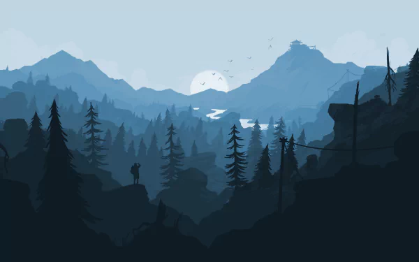 Firewatch video game 2K Quad HD PC desktop wallpaper and background: layered blue mountains and pine silhouettes, a watchtower on a ridge and a lone figure beneath a pale sun.