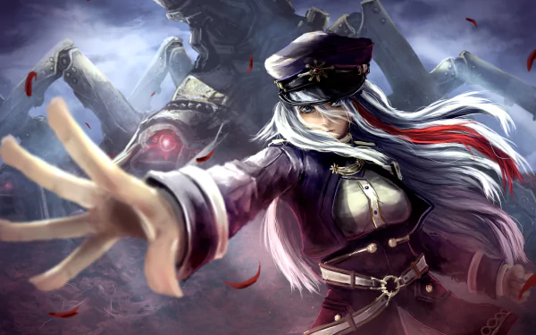 HD anime wallpaper featuring Vladilena Milizé from Eighty Six with dynamic pose, flowing hair, and a mech in the misty background.
