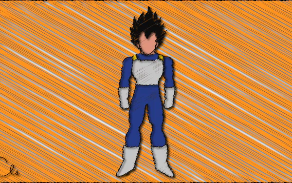 8K Ultra HD Dragon Ball Z wallpaper featuring Vegeta in his iconic blue and white battle suit against an orange background with diagonal stripes.