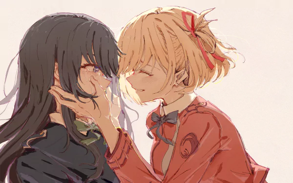 Anime-style 4K Ultra HD wallpaper featuring Chisato Nishikigi and Takina Inoue from Lycoris Recoil in an intimate, tender moment.