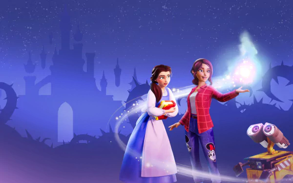 2K Quad HD PC wallpaper from video game Disney Dreamlight Valley: Belle in a blue dress holding an apple stands beside a player avatar casting a glowing spell, with a silhouetted castle backdrop.
