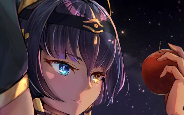 Candace (Genshin Impact) with heterochromia — one blue, one gold eye — holds a red apple against a starry sky; HD PC desktop wallpaper from the video game.