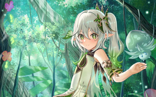4K Ultra HD PC desktop wallpaper featuring Nahida from the video game Genshin Impact, set in a lush, glowing forest environment.