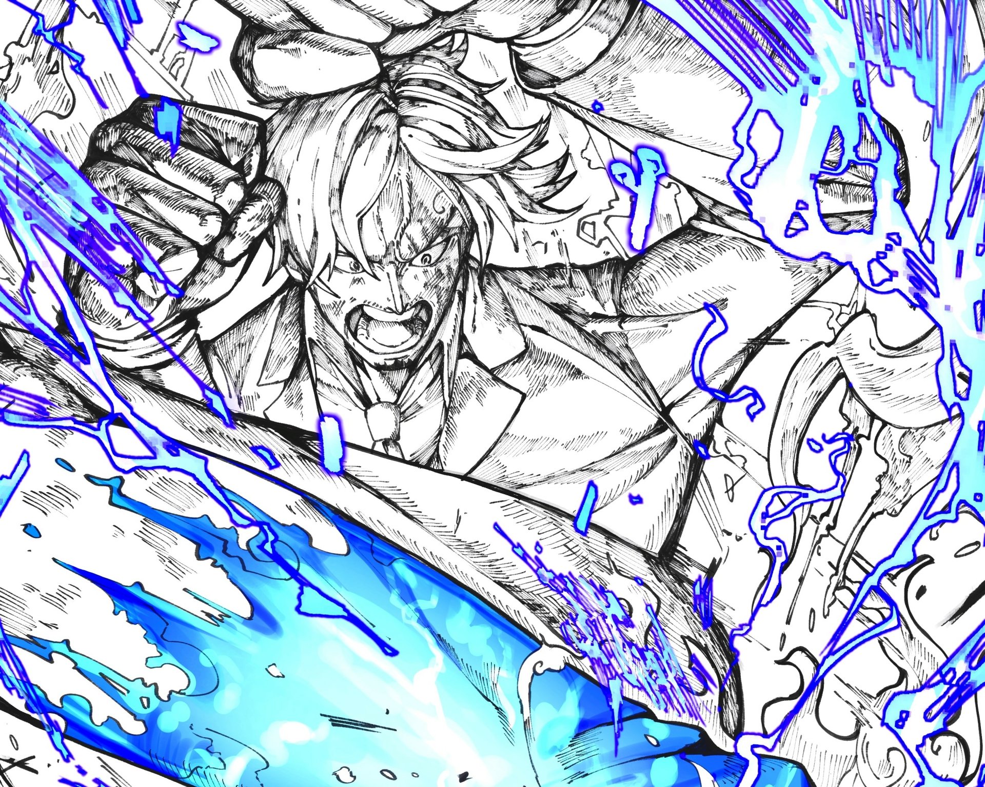 HD PC wallpaper featuring Sanji from the anime One Piece, depicted in an intense, dynamic black-and-white sketch with vibrant blue flame effects.