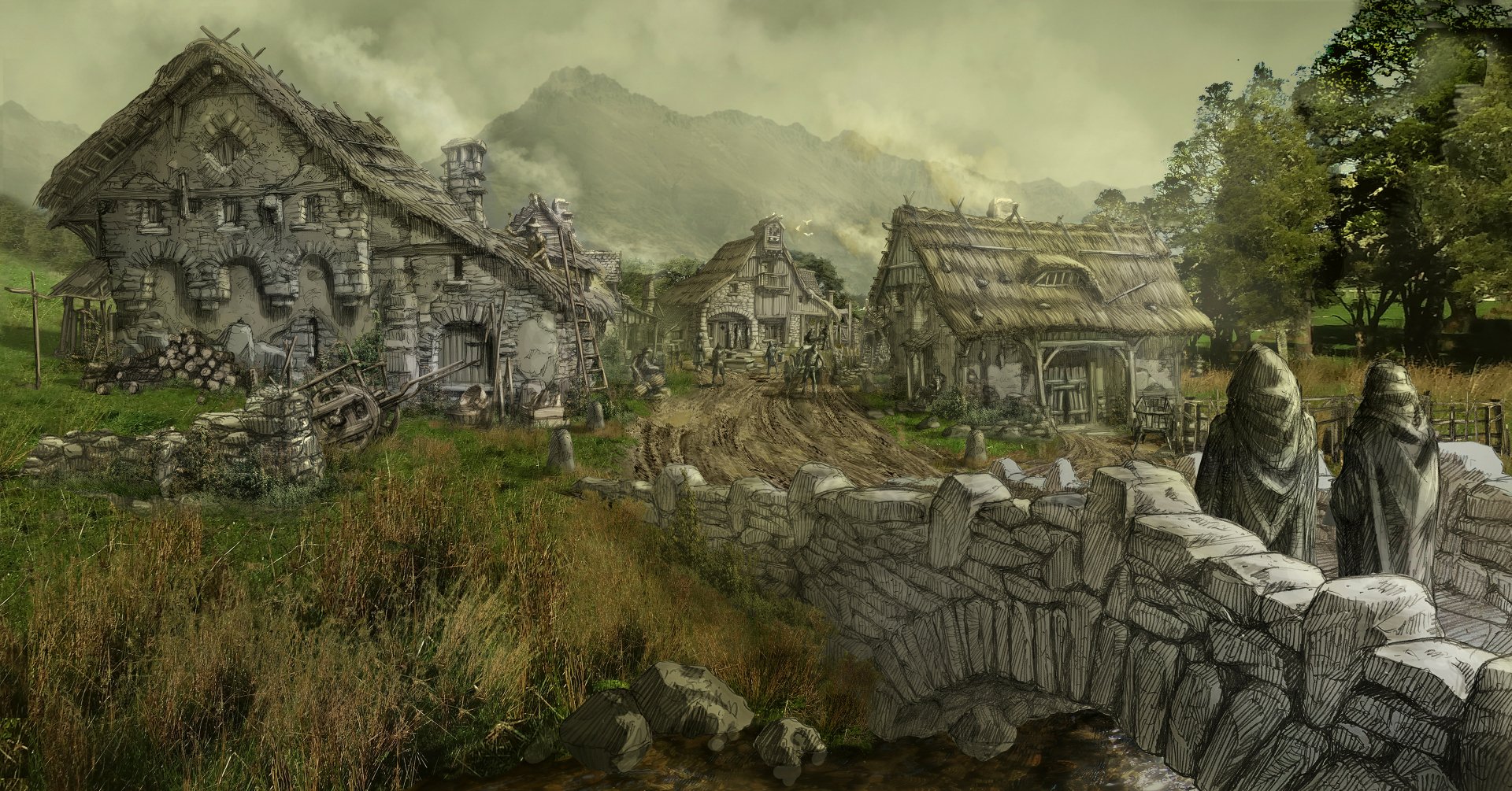 2K Quad HD PC desktop wallpaper of a rustic riverside village from the TV show The Lord of the Rings: The Rings of Power, featuring a stone bridge, cottages and misty hills.