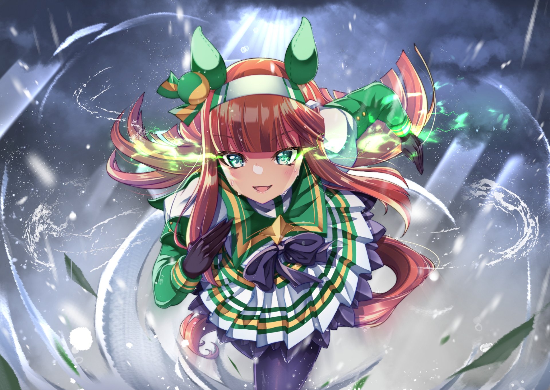 HD PC wallpaper of Silence Suzuka from Uma Musume: Pretty Derby — dynamic close-up of the red‑haired, green‑eyed horse‑girl in a green-and-white racing outfit with motion streaks and glowing effects.
