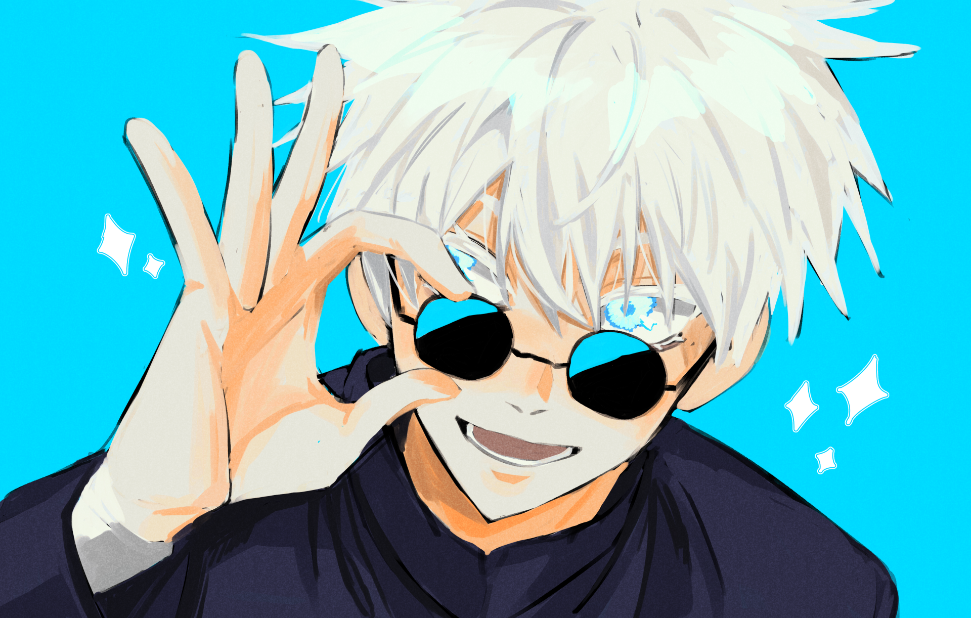 Satoru Gojo from Jujutsu Kaisen in vibrant 4K Ultra HD anime style, featuring his signature white hair and dark sunglasses on a bright blue background.