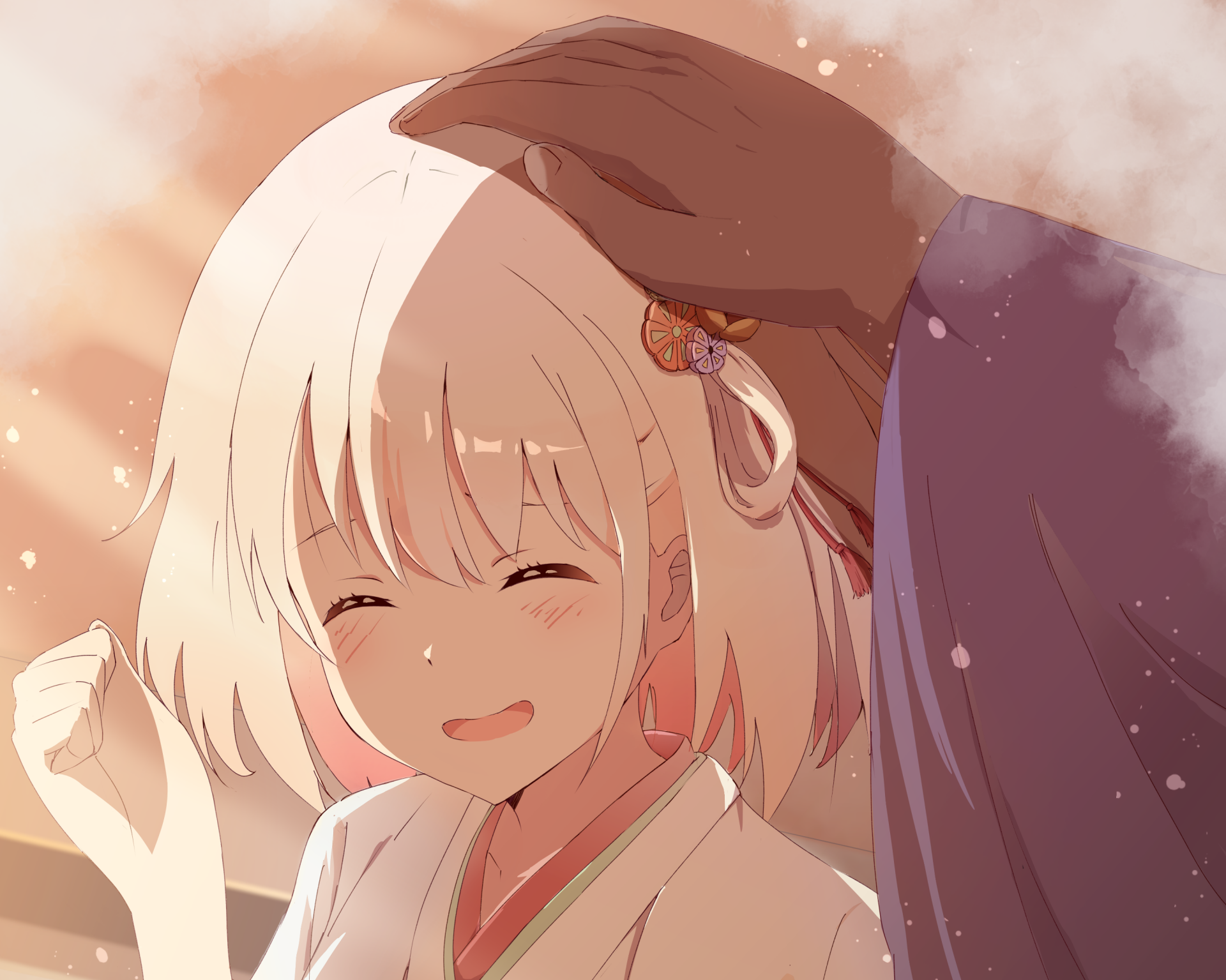 Chisato Nishikigi from Lycoris Recoil smiling as a hand pats her head, warm sunlit anime close-up — 2K Quad HD PC desktop wallpaper/background.